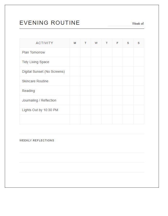 Minimalist Evening Routine Tracker Printable Chart