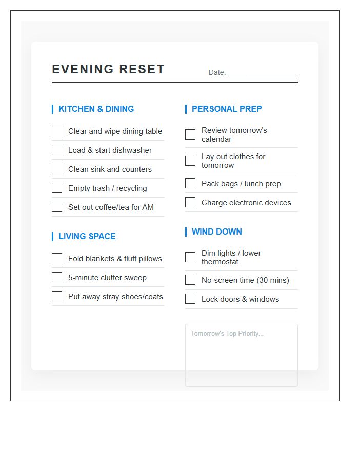 Organized Household Evening Printable Chart