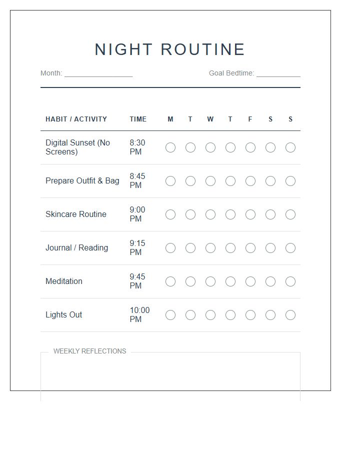 Simple Night Routine Tracker Printable Chart