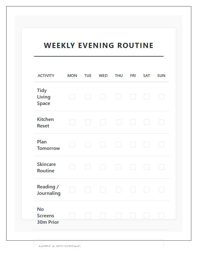 Weekly Evening Routine Printable Chart