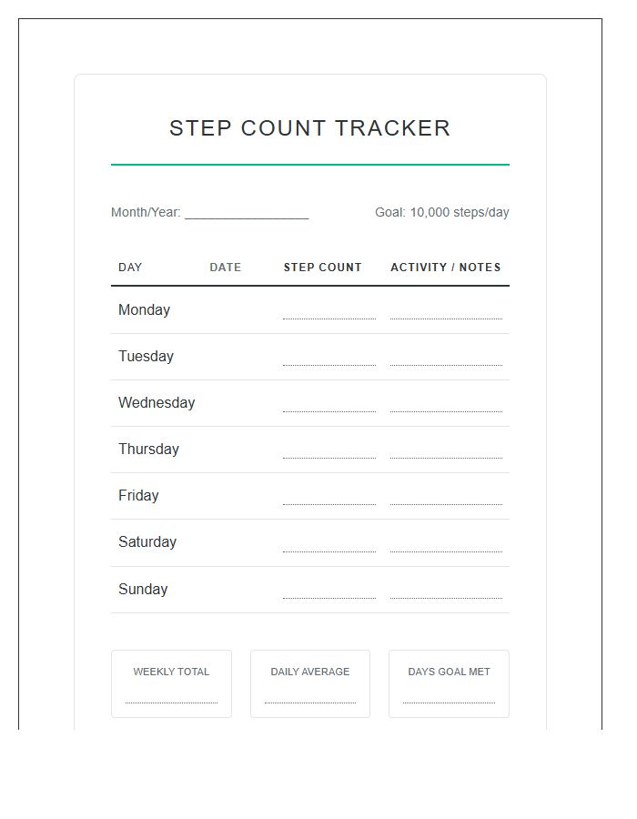 Active Lifestyle Step Count Printable Chart
