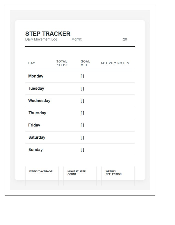 Daily Movement Step Count Printable Chart