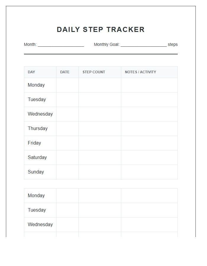 Daily Step Count Tracker Printable Chart