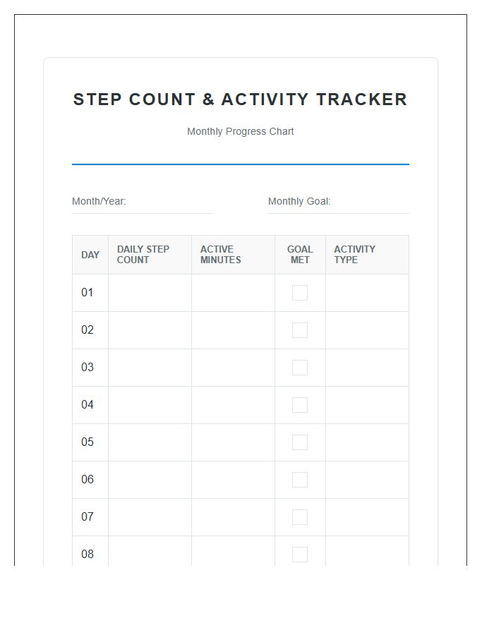 Exercise Habit Step Count Printable Chart