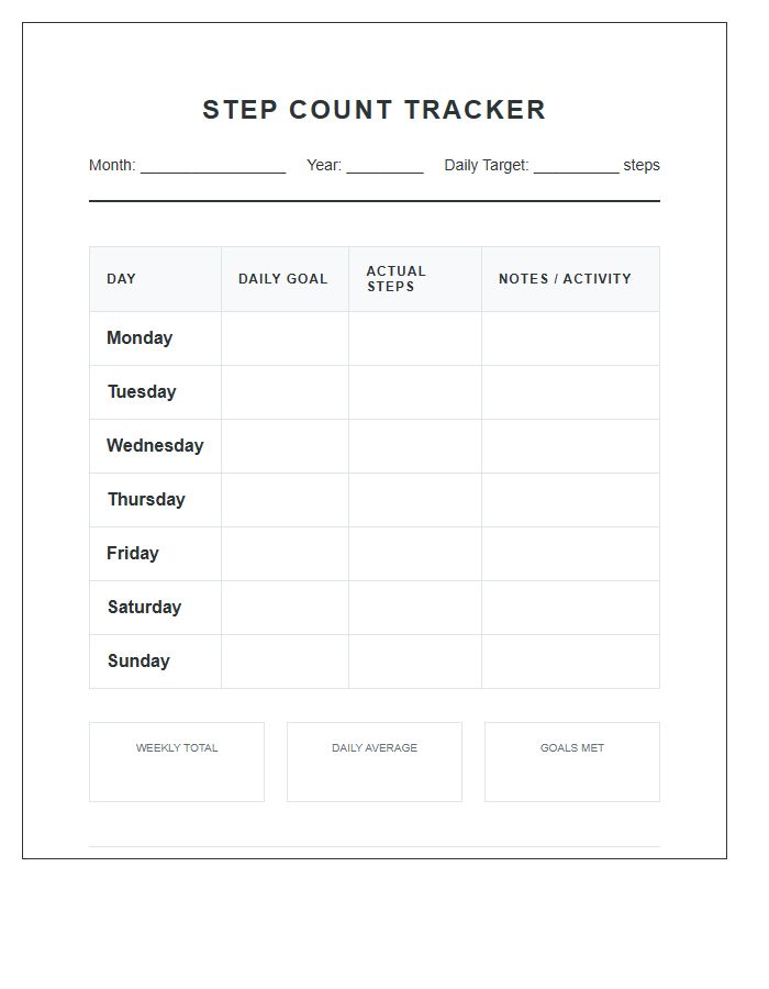 Health Goals Step Count Printable Chart