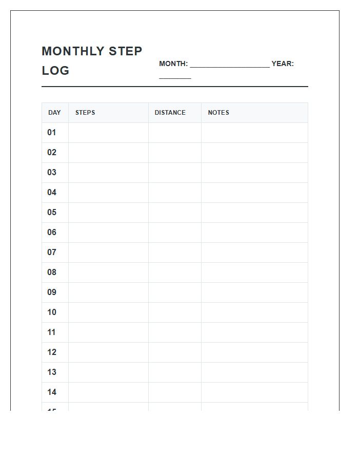 Monthly Step Count Log Printable Chart