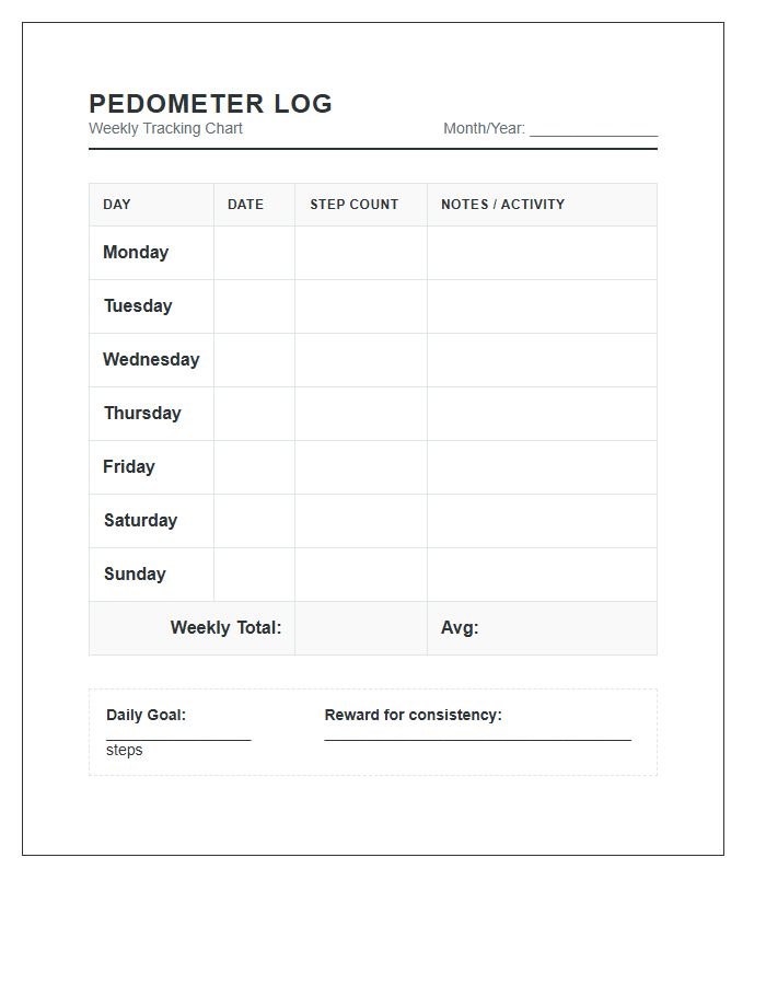 Pedometer Tracking Step Count Printable Chart