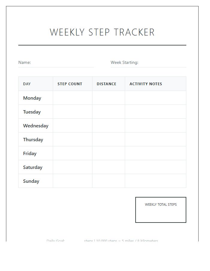 Step Count Measurement Printable Chart