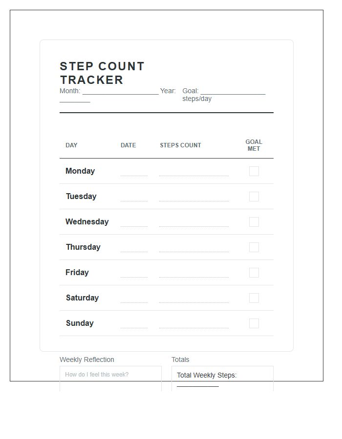 Wellness Tracker Step Count Printable Chart