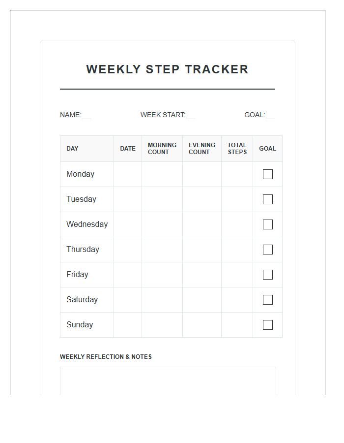 Workout Routine Step Count Printable Chart