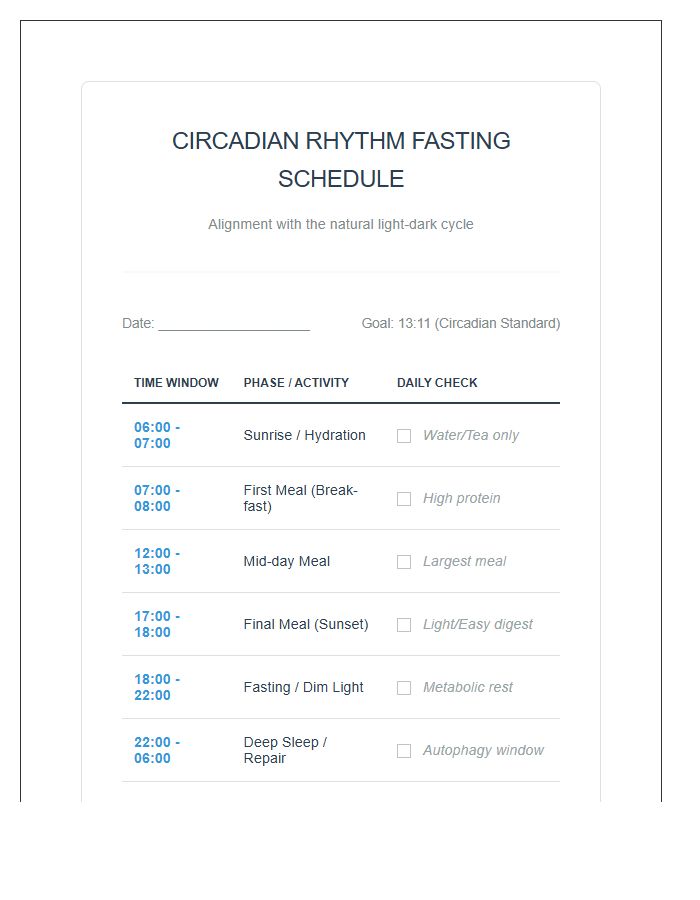 Circadian Rhythm Fasting Schedule Printable Chart