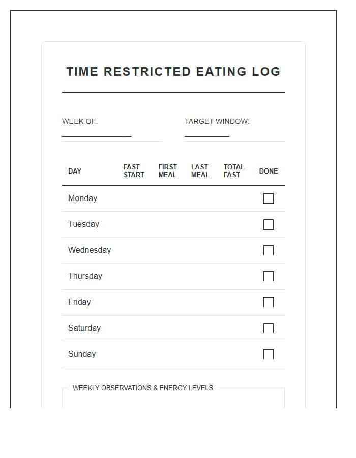 Daily Time Restricted Eating Printable Chart