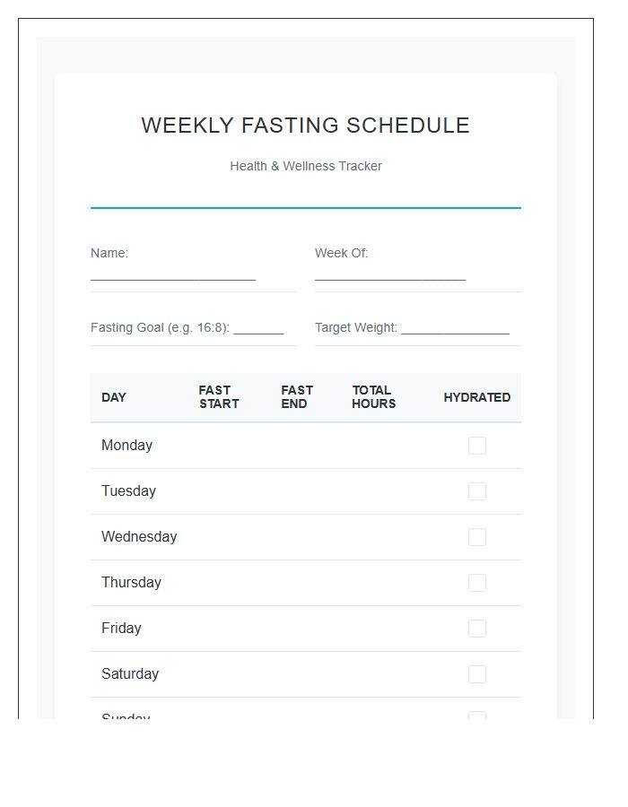 Health And Wellness Fasting Schedule Printable Chart