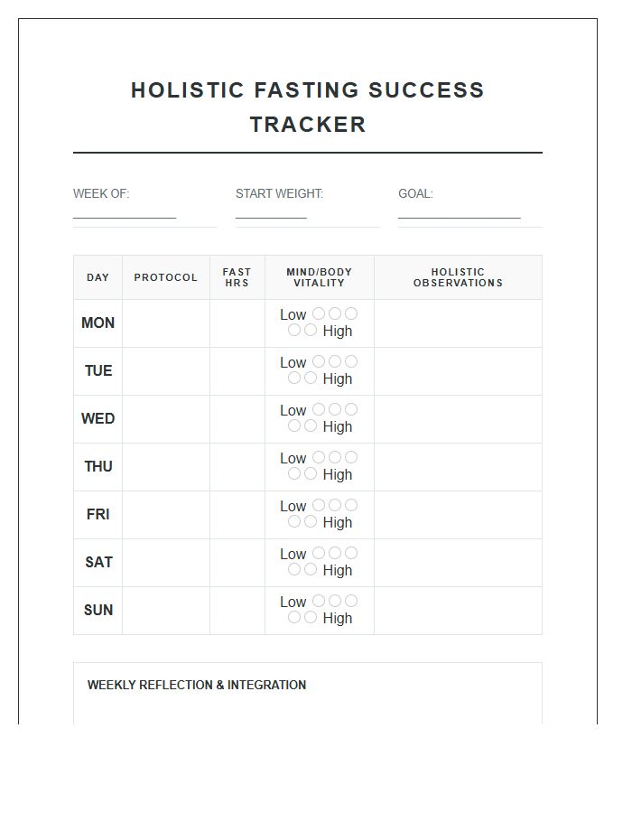 Holistic Fasting Success Tracker Printable Chart