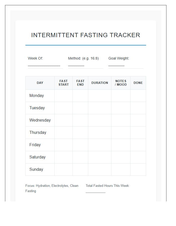 Intermittent Fasting Schedule Tracker Printable Chart