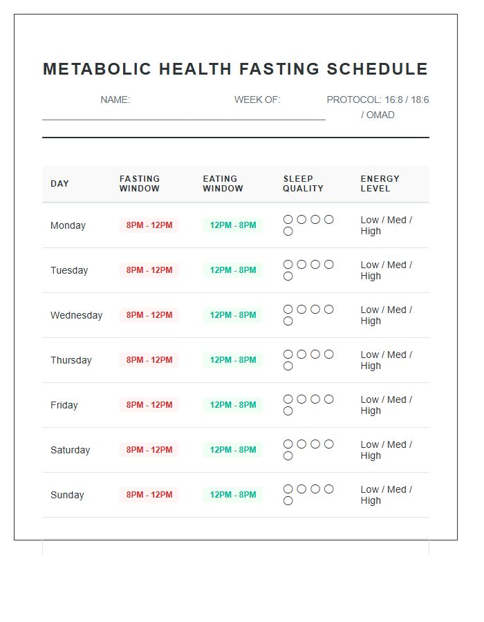 Metabolic Health Fasting Schedule Printable Chart