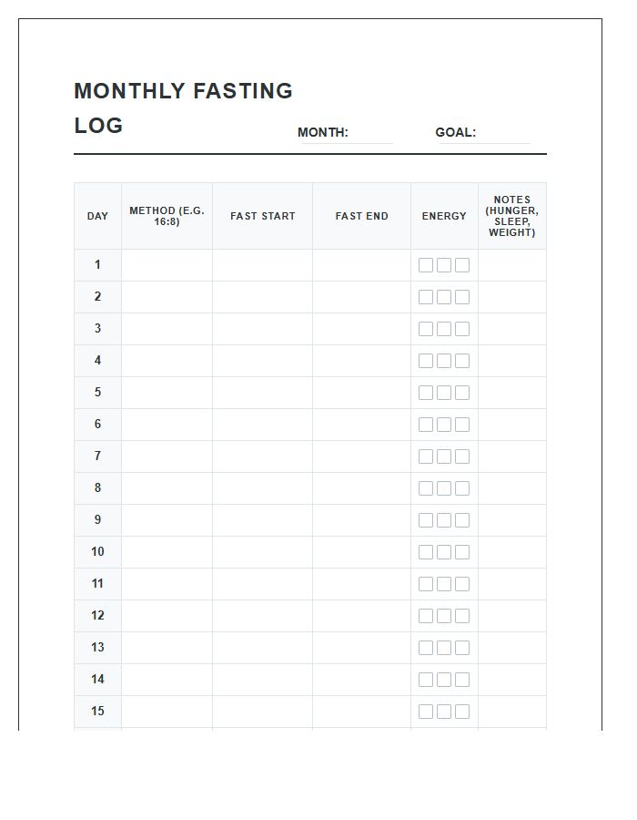 Monthly Intermittent Fasting Log Printable Chart