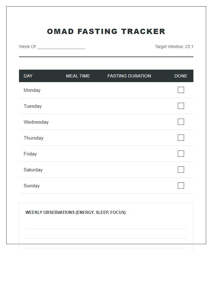 One Meal A Day Fasting Schedule Printable Chart