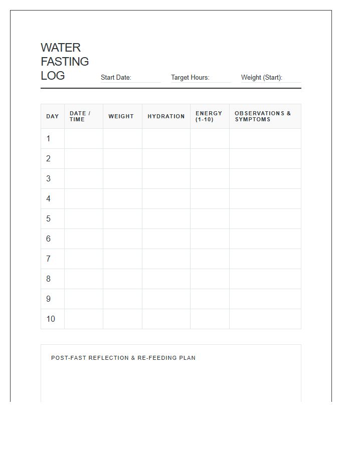 Periodic Water Fasting Log Printable Chart