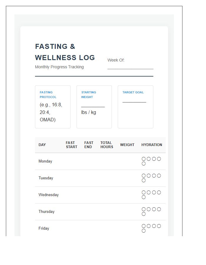Professional Weight Loss Fasting Printable Chart