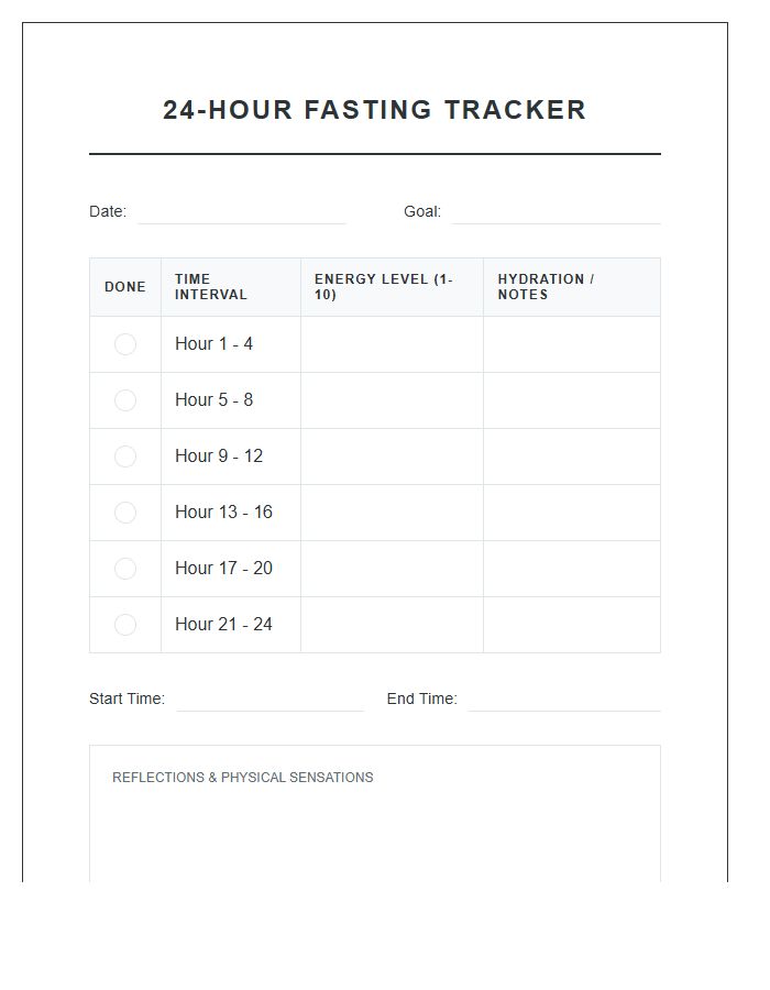 Twenty Four Hour Fasting Tracker Printable Chart