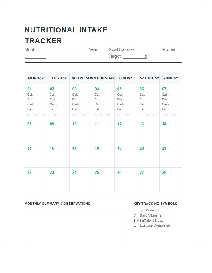 Comprehensive Nutritional Intake Tracking Calendar Printable Chart