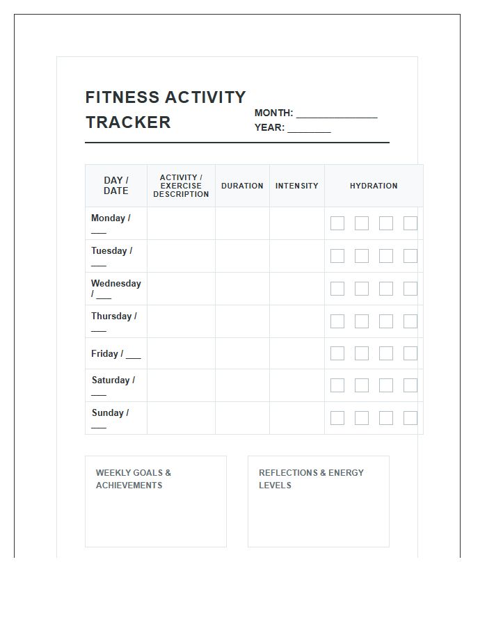 Daily Fitness Activity Tracking Calendar Printable Chart