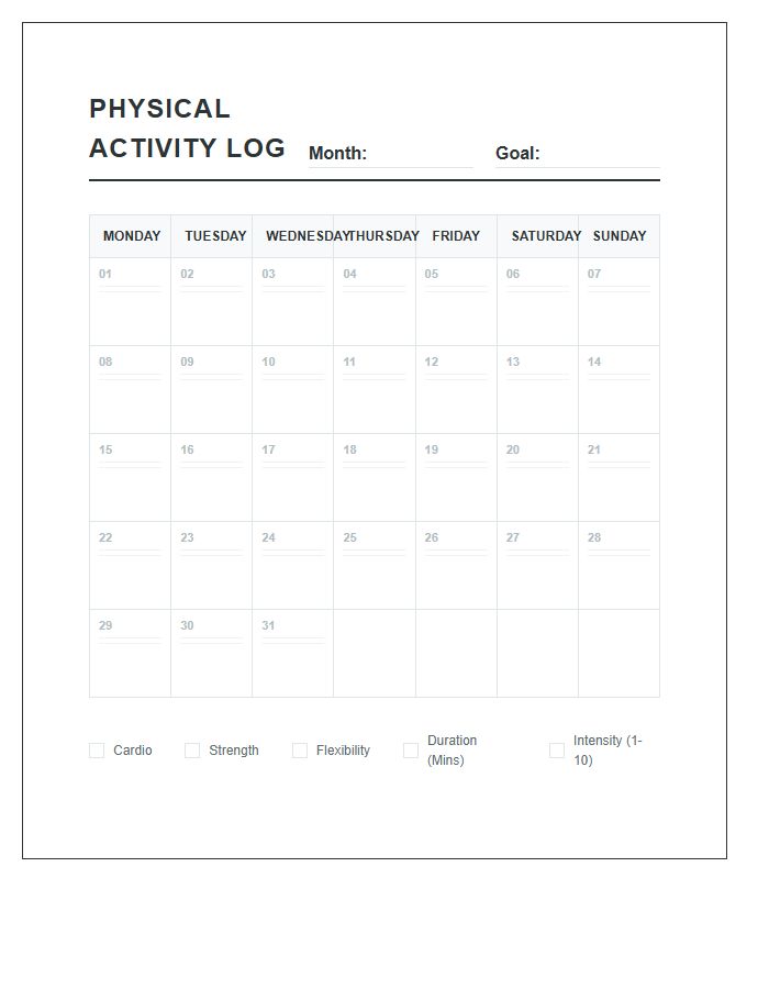 Daily Physical Activity Log Calendar Printable Chart
