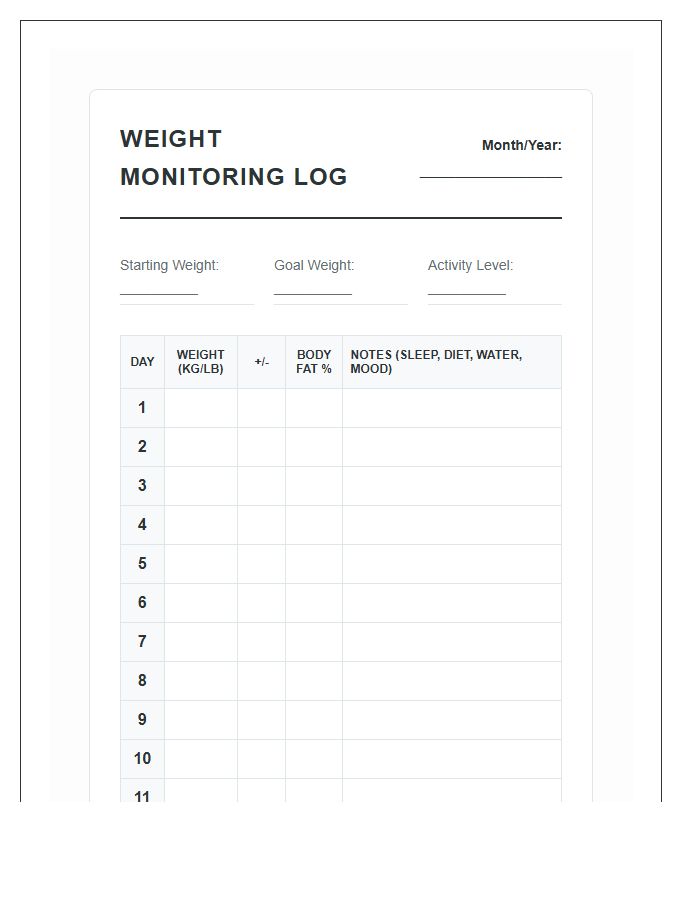 Detailed Body Weight Monitoring Calendar Printable Chart