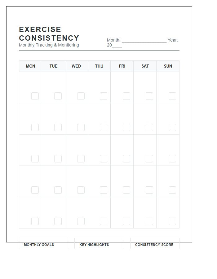 Exercise Consistency Monitoring Calendar Printable Chart