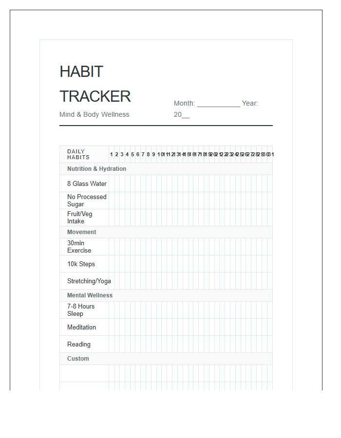 Healthy Lifestyle Habit Tracking Calendar Printable Chart