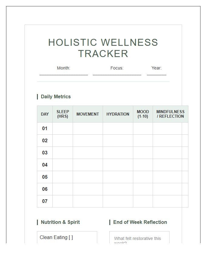 Holistic Wellness Tracking Calendar Printable Chart