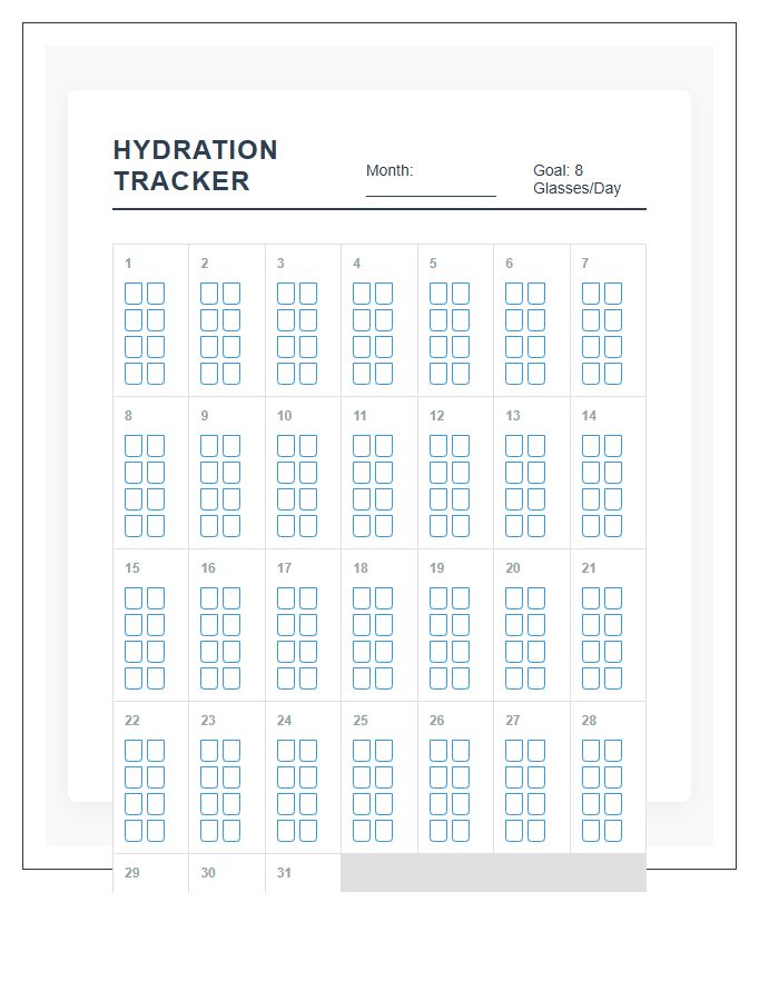 Hydration Goal Tracking Calendar Printable Chart