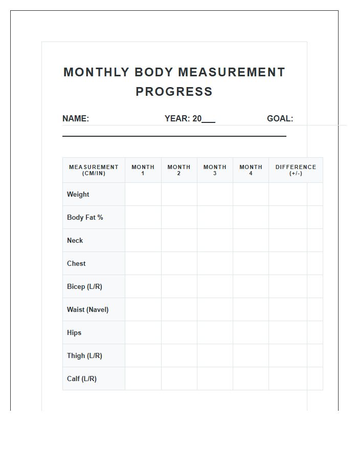 Monthly Body Measurement Progress Calendar Printable Chart