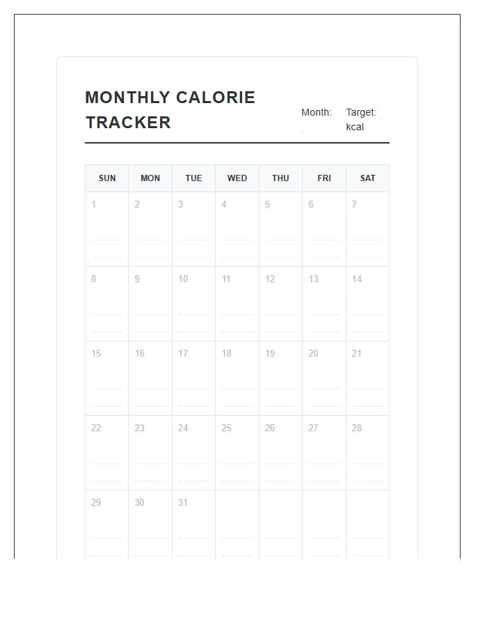 Monthly Calorie Monitoring Progress Calendar Printable Chart
