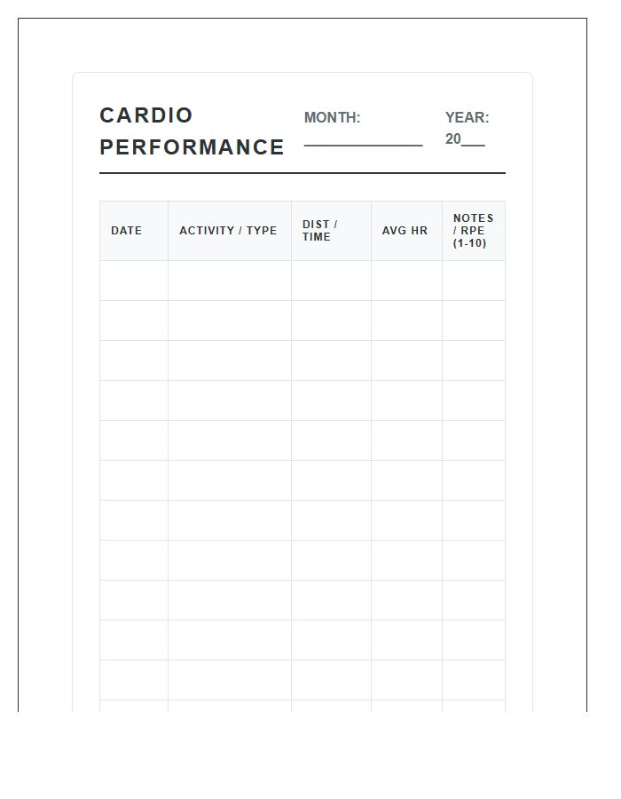Monthly Cardio Performance Calendar Printable Chart