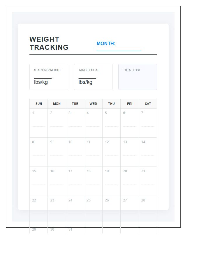 Monthly Weight Loss Goal Tracking Calendar Printable Chart