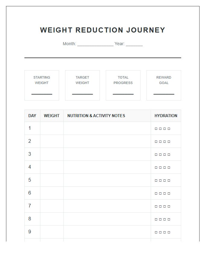 Personal Weight Reduction Journey Calendar Printable Chart