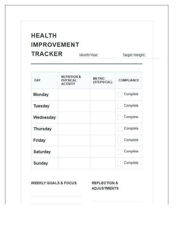 Standardized Health Improvement Calendar Printable Chart