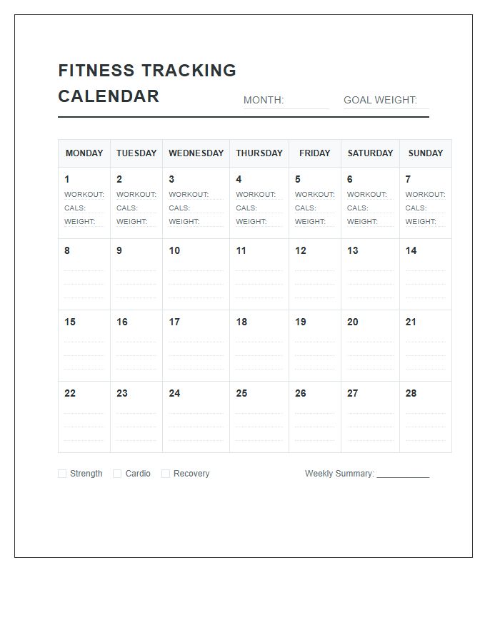 Systematic Fitness Result Tracking Calendar Printable Chart
