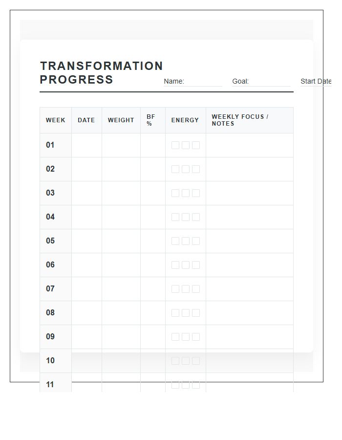 Weekly Body Transformation Progress Calendar Printable Chart