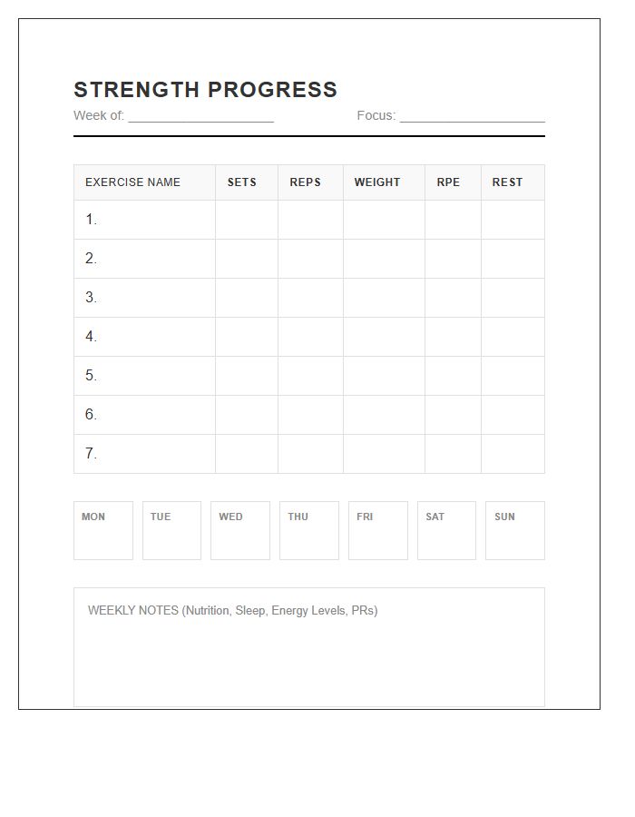 Weekly Strength Training Progress Calendar Printable Chart