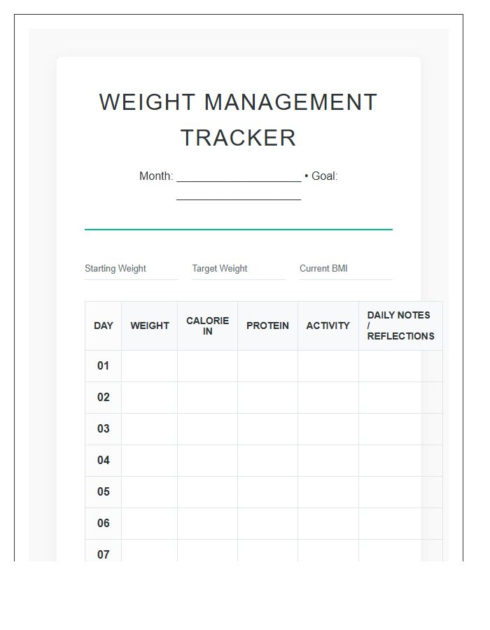 Weight Management Success Tracking Calendar Printable Chart