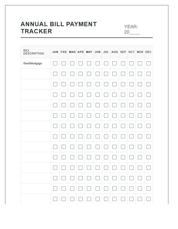 Annual Overview Bill Payment Tracker Printable Chart