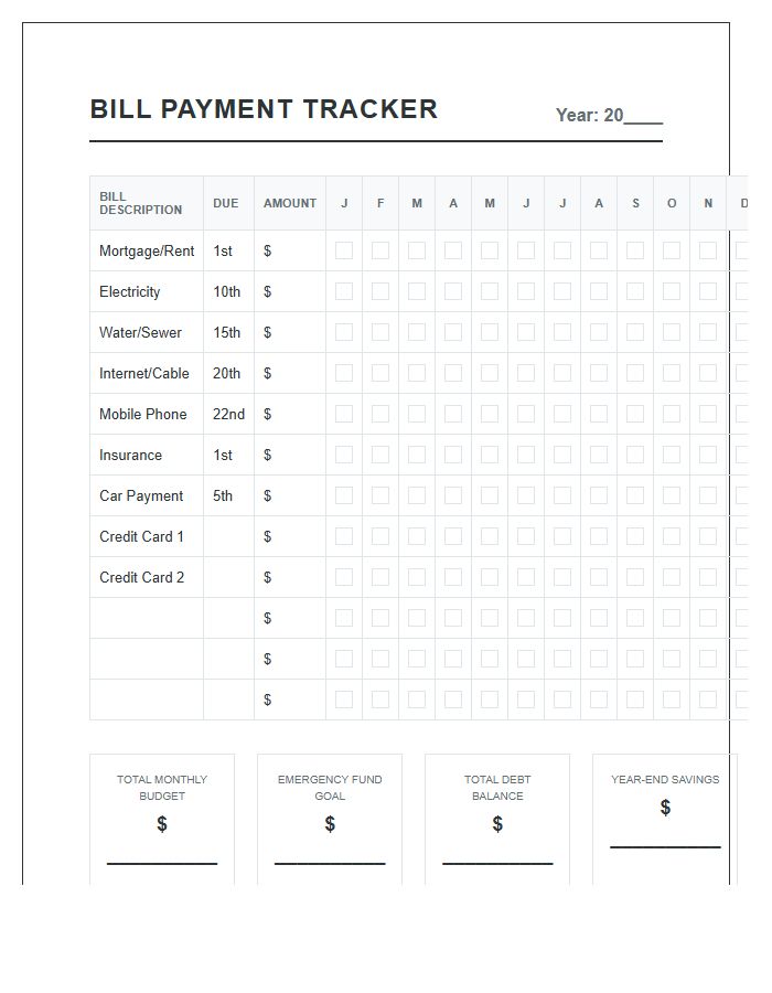 Comprehensive Bill Payment Tracker Printable Chart
