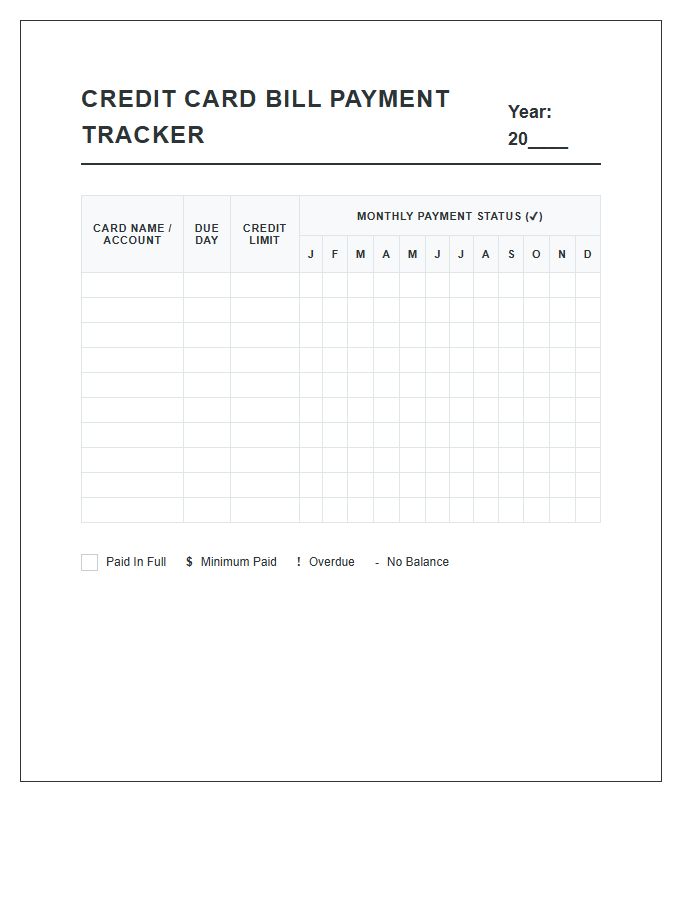 Credit Card Bill Payment Tracker Printable Chart