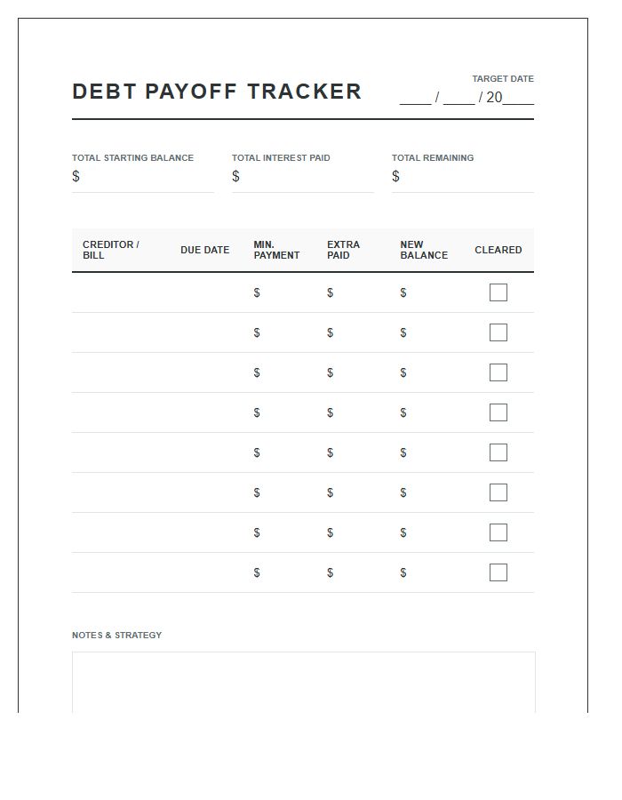 Debt Payoff Bill Payment Tracker Printable Chart