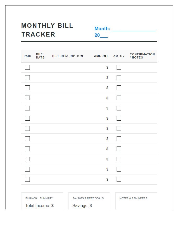 Detailed Monthly Bill Payment Tracker Printable Chart