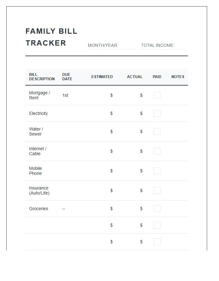 Family Budget Bill Payment Tracker Printable Chart