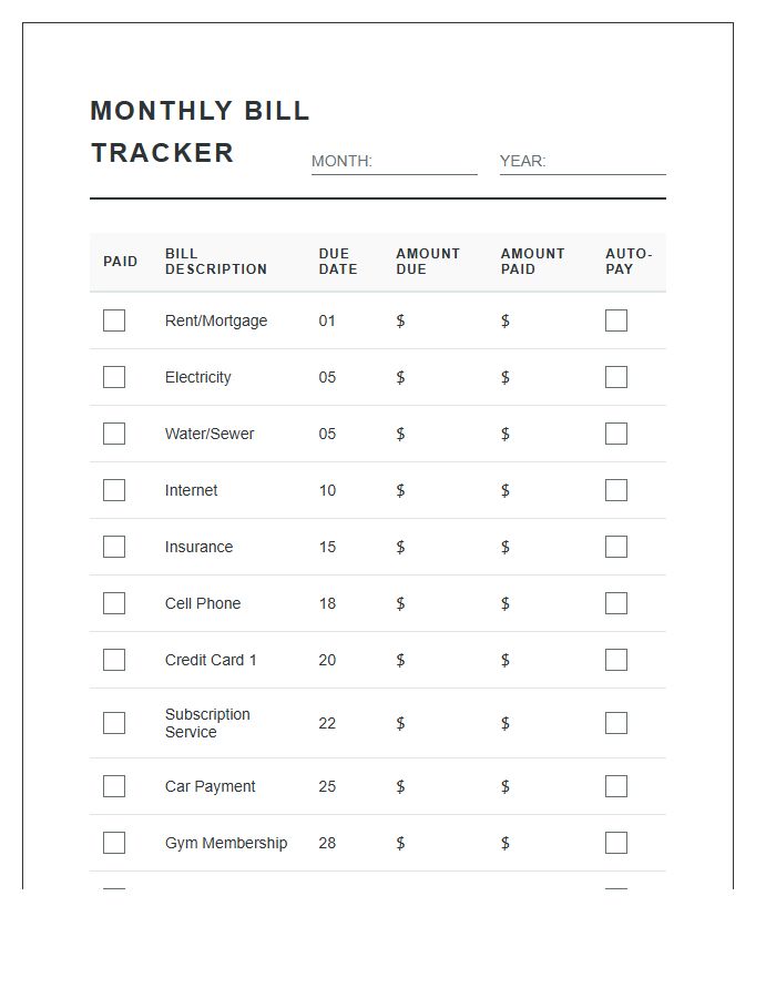 Financial Planning Bill Payment Tracker Printable Chart